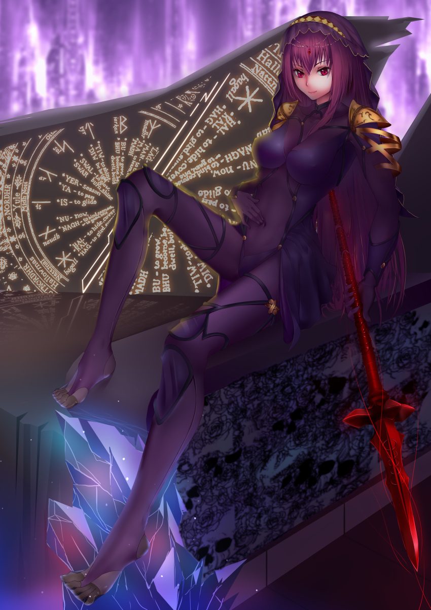 absurdres belly_poke bodysuit breasts commentary_request covered_navel fate/grand_order fate_(series) gae_bolg hair_intakes hand_on_own_stomach highres holding holding_weapon large_breasts long_hair looking_at_viewer no_shoes pantyhose pauldrons polearm purple_bodysuit purple_hair red_eyes scathach_(fate)_(all) scathach_(fate/grand_order) shoulder_armor solo spear toes veil weapon wuti