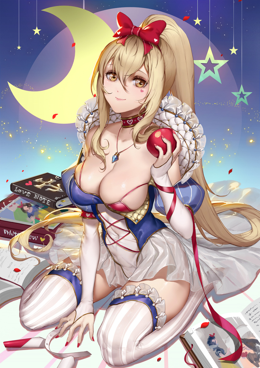 apple ayanami_(azur_lane) azur_lane blonde_hair book bow bra breasts bridal_gauntlets brown_eyes choker cleavage cosplay covered_navel crescent_moon cross-laced_clothes dress dress_pull facial_mark food frilled_legwear fruit hair_between_eyes hair_bow hairband_removed heart heart_choker high_ponytail highres holding holding_food holding_fruit itoucon jewelry large_breasts long_hair looking_at_viewer moon necklace no_shoes open_book picture_book pink_bra red_bow sitting skindentation snow_white snow_white_(grimm) snow_white_(grimm)_(cosplay) solo star striped striped_legwear thighhighs underwear vertical-striped_legwear vertical_stripes very_long_hair wariza white_dress white_legwear zettai_ryouiki