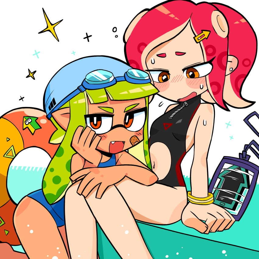 :d bandaid bandaid_on_face bare_shoulders black_swimsuit blue_swimsuit blush breasts directional_arrow directional_arrow_hair_ornament earrings fang flying_sweatdrops goggles goggles_on_head green_hair hair_ornament highres inkling innertube jewelry lkll long_hair multiple_girls navel navel_cutout no_nose octarian octoling one-piece_swimsuit open_mouth orange_eyes pointy_ears red_hair short_hair simple_background sitting small_breasts smile sparkle splatoon_(series) splatoon_2 splatoon_2:_octo_expansion sweat swim_cap swimsuit tentacle_hair white_background