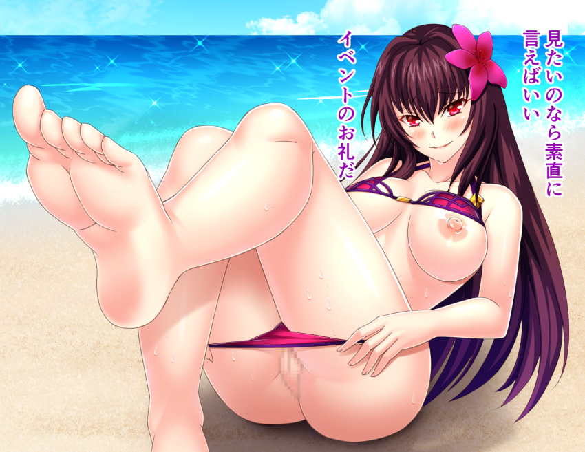 1girl areolae barefoot beach bikini breasts censored fate/grand_order fate_(series) feet flower hair_flower hair_ornament leg_up long_hair looking_at_viewer nipples parted_lips pov pov_feet pussy red_eyes scathach_(fate)_(all) scathach_(fate/grand_order) sitting soles sweat swimsuit toes