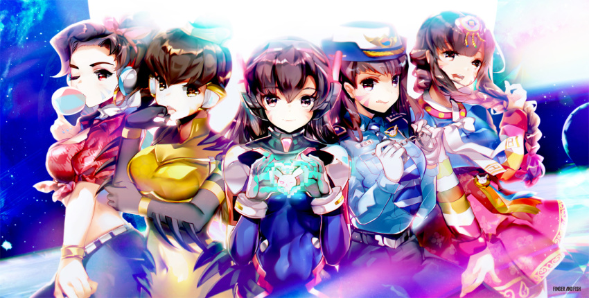 alternate_hairstyle b.va_(overwatch) bow bracelet brown_hair bubble_blowing chewing_gum cruiser_d.va cuffs d.va_(overwatch) front-tie_top hair_bow hair_bun handcuffs hat headphones heco_(mama) jewelry korean_clothes licking_lips looking_at_viewer multiple_girls multiple_persona officer_d.va overwatch palanquin_d.va pilot_suit police police_uniform policewoman tongue tongue_out uniform whisker_markings