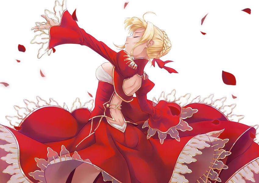 absurdres ahoge backless_dress backless_outfit bk201 blonde_hair braid breasts butt_crack closed_eyes cowboy_shot dress fate/extra fate_(series) french_braid from_behind from_side highres medium_breasts nero_claudius_(fate) nero_claudius_(fate)_(all) outstretched_arm parted_lips petals profile red_dress see-through short_hair sideboob simple_background solo standing tied_hair white_background