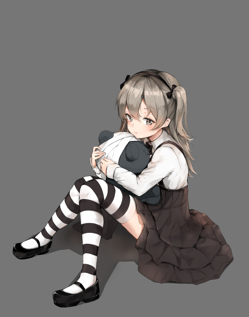 black_hairband black_skirt boko_(girls_und_panzer) broche_(timpet) brown_hair commentary_request eyebrows_visible_through_hair full_body girls_und_panzer grey_background hairband highres long_hair long_sleeves pout pouty_lips shimada_arisu shirt simple_background sitting skirt solo striped striped_legwear stuffed_animal stuffed_toy teddy_bear thighhighs white_shirt