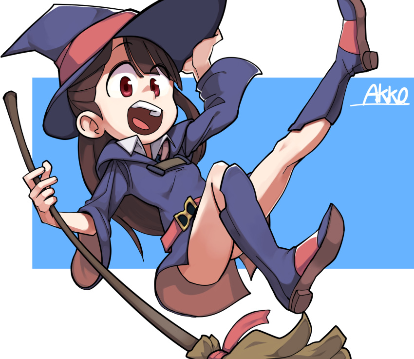 :d boots breasts broom brown_hair character_name dress hand_on_headwear hat highres holding holding_broom kagari_atsuko knee_boots little_witch_academia lkll long_hair long_sleeves looking_at_viewer open_mouth purple_dress purple_footwear purple_hat red_eyes small_breasts smile solo teeth witch_hat