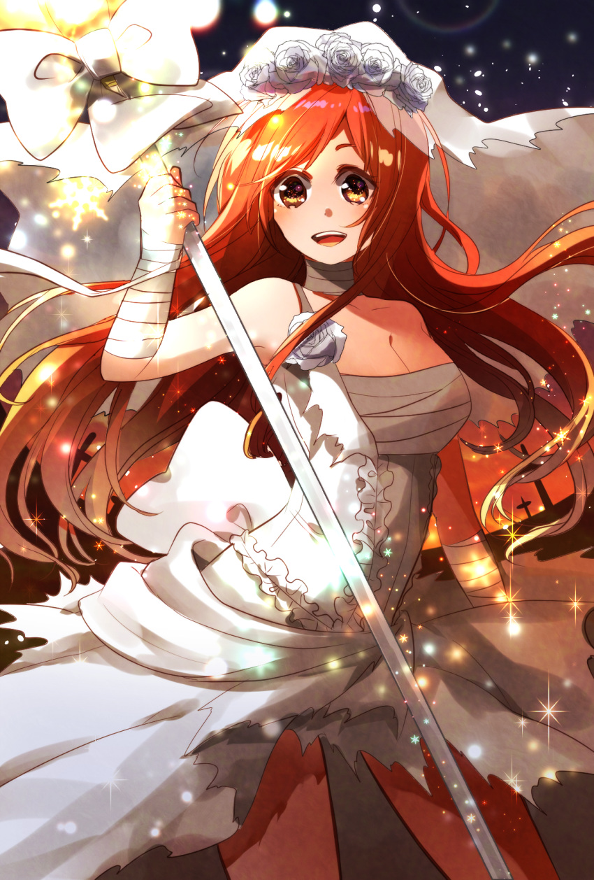 :d bad_id bad_pixiv_id bandaged_arm bandages bleach blush breasts bridal_veil brown_eyes cleavage commentary_request dress flower halloween highres inoue_orihime large_breasts long_hair looking_at_viewer open_mouth orange_hair rose smile solo staff torn_clothes torn_dress umi_(pixiv6861961) veil white_dress white_flower white_rose