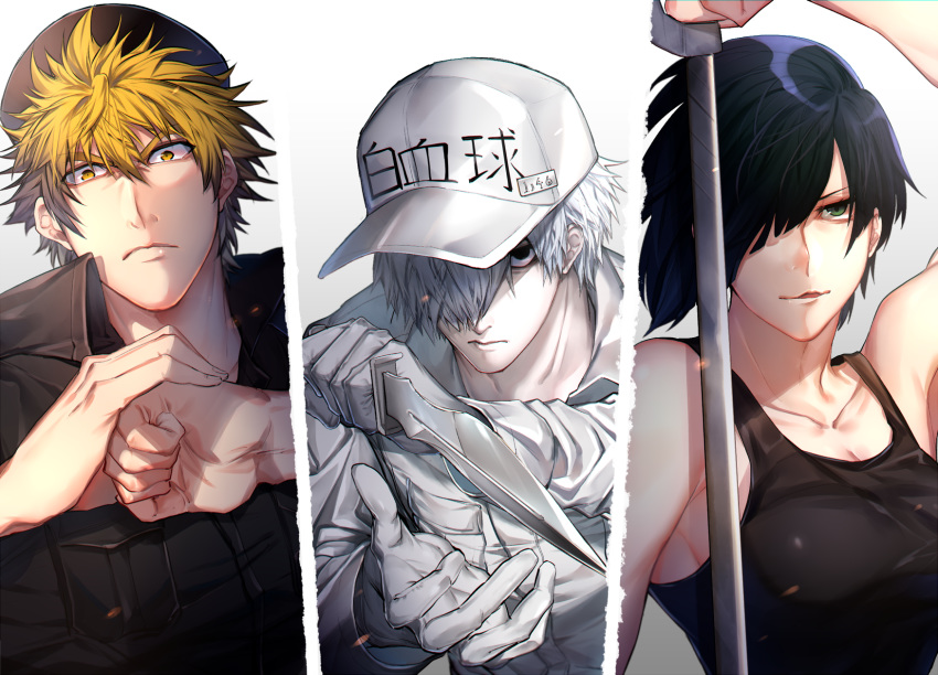 2boys baseball_cap black_eyes black_hair black_tank_top blonde_hair breasts cleavage clenched_hand collarbone collared_shirt column_lineup cracking_knuckles fighting_stance fist_in_hand gloves gradient gradient_background green_eyes grey_background hair_over_one_eye hat hataraku_saibou highres holding holding_sword holding_weapon killer_t_(hataraku_saibou) knife long_sleeves looking_at_viewer medium_breasts multiple_boys nk_cell_(hataraku_saibou) no_pupils open_mouth shirt short_hair sleeveless spiked_hair sword tank_top tsunami_(sorudora) u-1146 upper_body weapon white_background white_blood_cell_(hataraku_saibou) white_gloves white_hair white_skin yellow_eyes