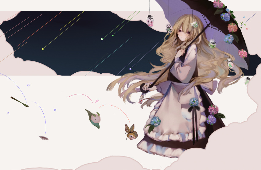 black_ribbon blonde_hair bowl candy cloud commentary_request creature dress expressionless flower food grey_eyes hair_ornament highres hydrangea kirisame_marisa konpeitou leaf long_hair looking_at_viewer package parasol ribbon shooting_star spoon string touhou umbrella zhixie_jiaobu