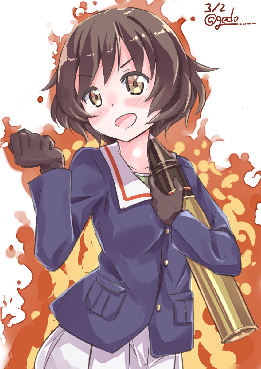 :d akiyama_yukari bangs black_gloves blue_jacket brown_eyes brown_hair clenched_hand commentary dated fire gedoo_(gedo) girls_und_panzer gloves green_shirt highres holding jacket long_sleeves looking_to_the_side messy_hair military military_uniform ooarai_military_uniform open_mouth pleated_skirt shirt short_hair skirt smile solo standing tank_shell twitter_username uniform upper_body v-shaped_eyebrows white_skirt