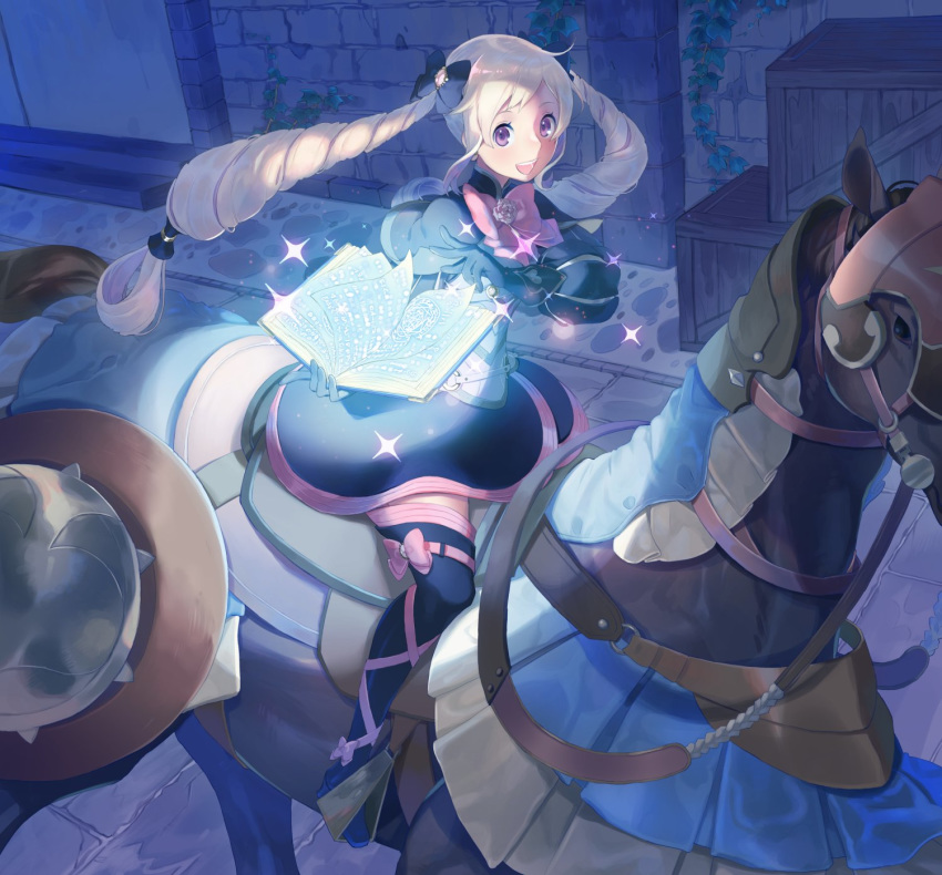 aisutabetao black_bow black_gloves blonde_hair book bow commentary_request crate dress elise_(fire_emblem_if) fire_emblem fire_emblem_if gloves hair_bow highres holding holding_book horse horseback_riding long_hair multicolored_hair open_book open_mouth pink_bow purple_eyes purple_hair riding saddle solo thighhighs twintails zettai_ryouiki