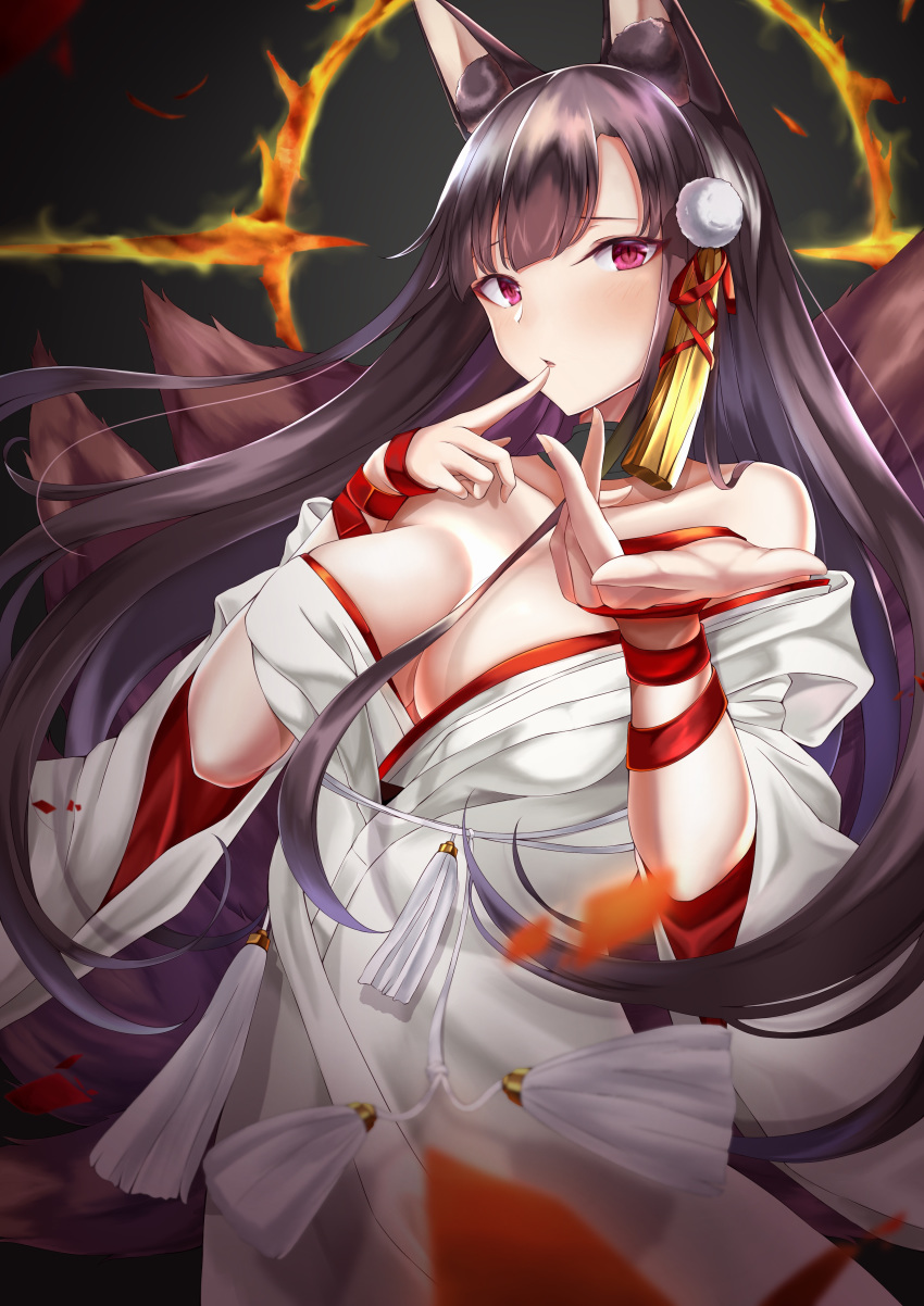 absurdres akagi_(azur_lane) animal_ears azur_lane bangs black_hair blush breasts bride cleavage collarbone commentary dress eyebrows_visible_through_hair finger_to_mouth floating_hair fox_ears fox_tail gloves hair_ornament highres hood japanese_clothes kimono large_breasts long_hair looking_at_viewer multiple_tails no_bra numaguro_(tomokun0808) off_shoulder open_mouth reaching_out red_eyes ribbon shikigami smile solo tail tassel uchikake upper_body wedding_dress white_kimono wide_sleeves wind wind_lift wrist_ribbon