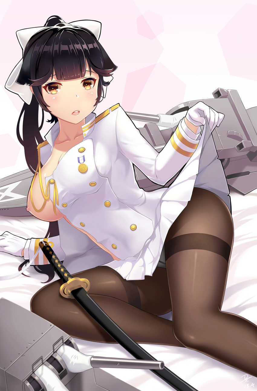 alexiel_(pixiv6211566) areolae azur_lane black_hair breast_slip breasts brown_eyes brown_legwear commentary_request crotch_seam double-breasted gloves gold_trim hair_ribbon highres katana large_breasts looking_at_viewer medal military military_uniform miniskirt nipples pantyhose pink_background ribbon sitting skirt skirt_lift sword takao_(azur_lane) thighband_pantyhose turret uniform weapon white_gloves white_ribbon