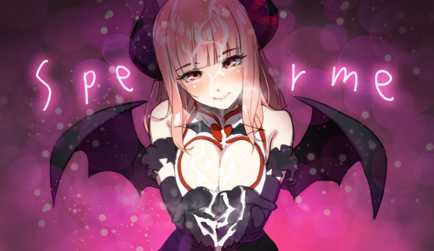 bad_id bad_twitter_id bangs black_gloves blush borrowed_character breasts bubble_background cum cum_in_hands cum_on_body cum_on_breasts cum_on_upper_body cupping_hands demon_girl demon_horns demon_wings elbow_gloves eve.ch eve_valerne eyebrows_visible_through_hair facial gloves heart highres horns inactive_account ogre_craft pink_background pink_eyes pink_hair simple_background smile succubus wings