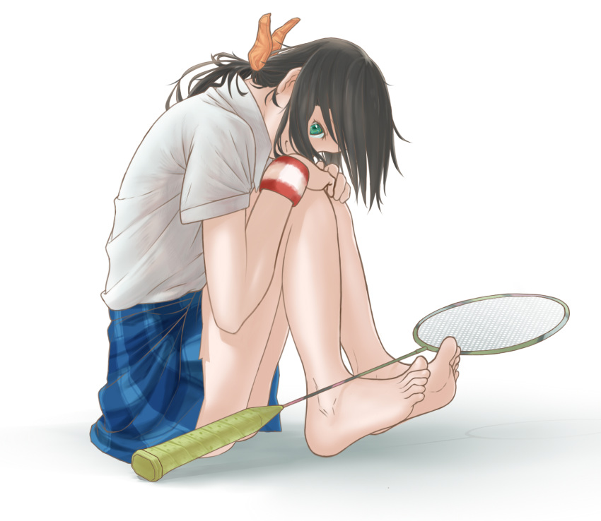 badminton_racket barefoot brown_hair from_side full_body green_eyes hanebado! hanesaki_ayano highres knees_to_chest legs looking_at_viewer looking_to_the_side myu5uke pleated_skirt racket school_uniform simple_background sitting sitting_on_ground skirt solo sweatband thighs white_background