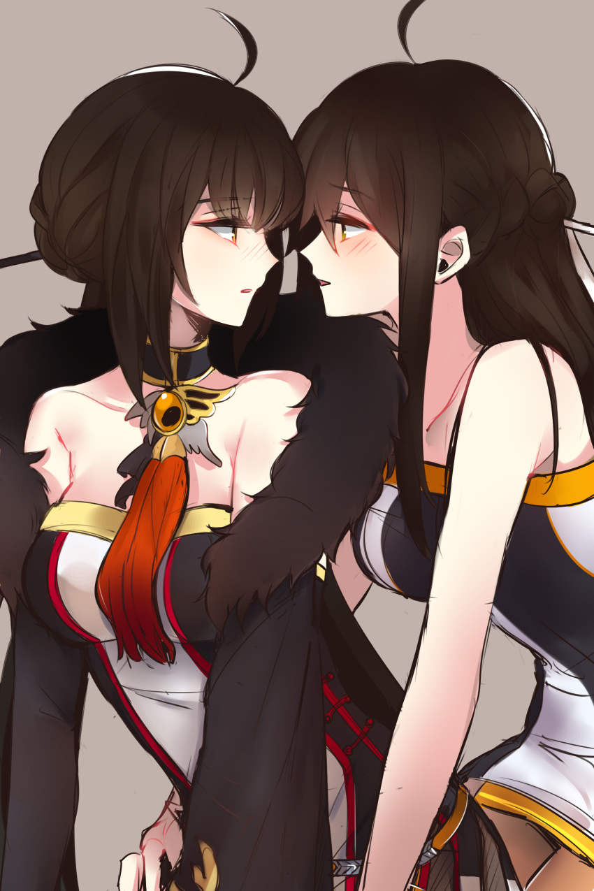 absurdres ahoge ara_han bare_shoulders black_gloves black_hair blush brooch brown_background choker commentary dual_persona elbow_gloves elsword face-to-face gloves hair_ornament hair_stick highres imminent_kiss jewelry lifeaini long_hair looking_at_another multiple_girls open_mouth sakra_devanam_(elsword) selfcest upper_body yama_raja_(elsword) yellow_eyes yuri