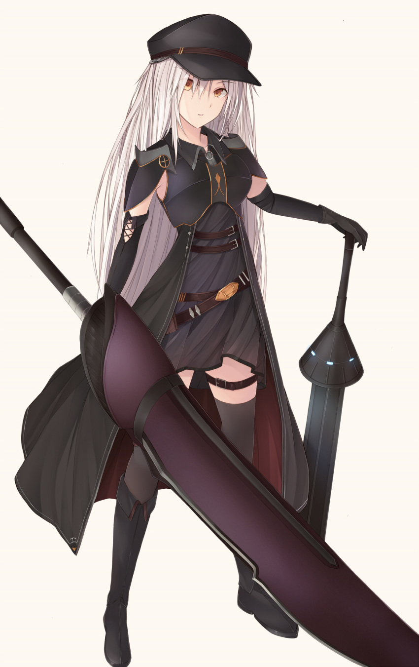 black_dress black_footwear black_gloves black_hat black_legwear boots breastplate collarbone detached_sleeves dress eyebrows_visible_through_hair full_body gloves hair_between_eyes hand_on_hilt hat highres holding holding_weapon kanpyou_(hghgkenfany) knee_boots lance long_hair looking_at_viewer orange_eyes original parted_lips polearm see-through_silhouette short_dress shoulder_armor silver_hair simple_background solo standing thigh_strap thighhighs very_long_hair weapon white_background zettai_ryouiki