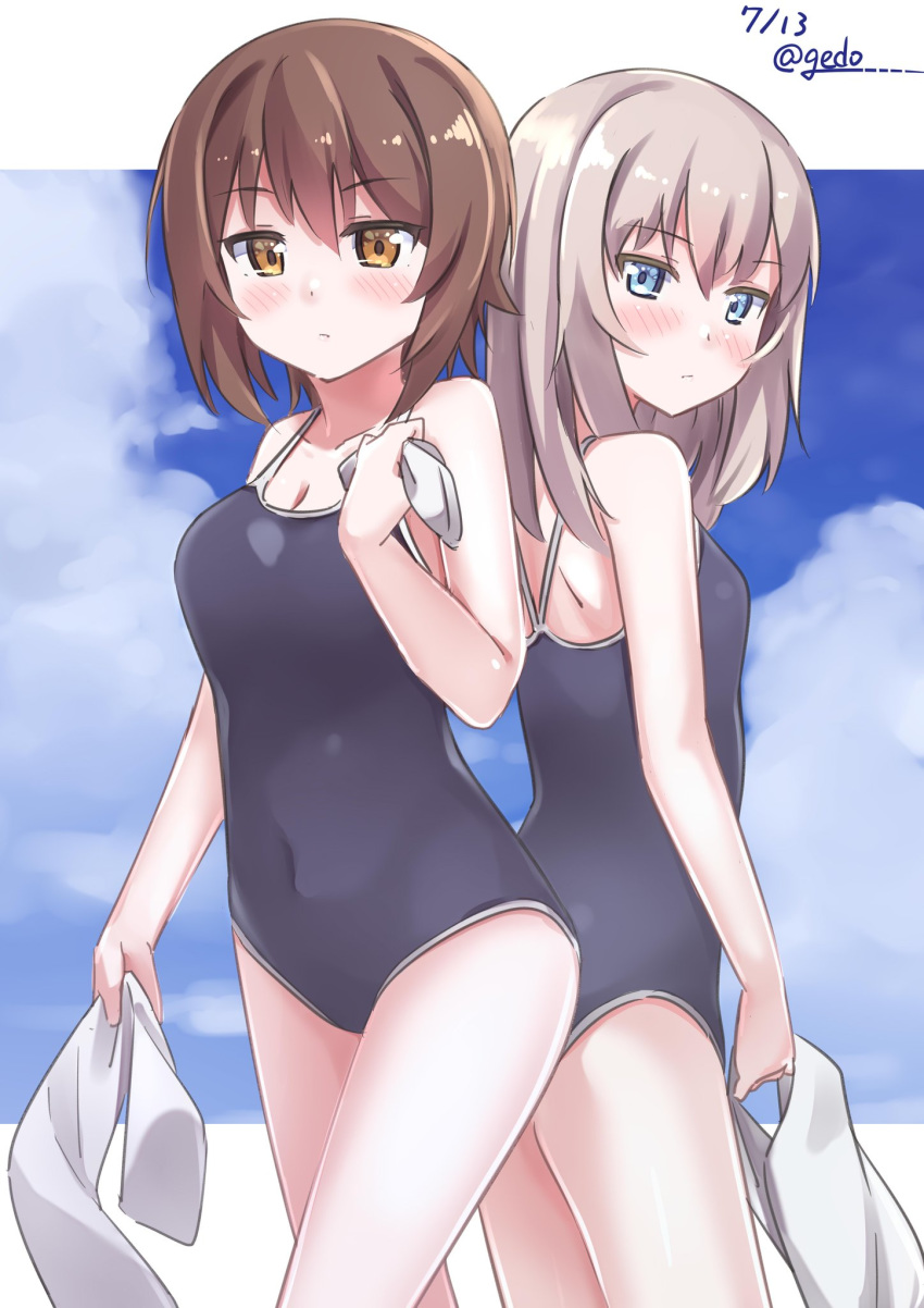 back-to-back bangs blue_eyes blue_swimsuit blush breasts brown_eyes brown_hair cleavage closed_mouth cloud cloudy_sky commentary competition_school_swimsuit cowboy_shot dated day eyebrows_visible_through_hair gedoo_(gedo) girls_und_panzer highres holding holding_towel itsumi_erika letterboxed light_frown long_hair looking_at_viewer looking_back multiple_girls nishizumi_maho one-piece_swimsuit outdoors school_swimsuit short_hair silver_hair sky standing swim_cap swimsuit thighs towel twitter_username white_towel
