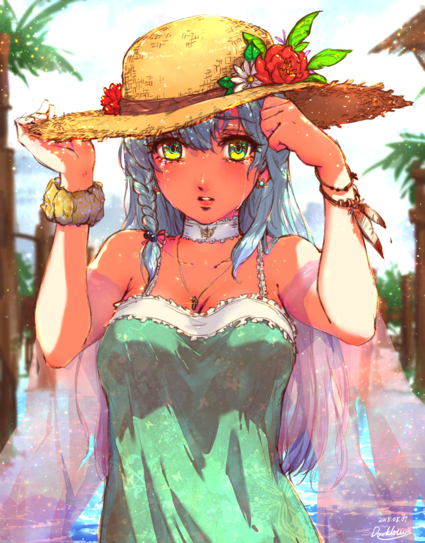artist_name bangs bare_shoulders blue_eyes bracelet breasts choker crying dated day dress earrings flower frilled_dress frills green_dress hair_between_eyes hat hat_flower highres jewelry large_breasts lips long_hair looking_at_viewer multicolored multicolored_eyes necklace ocean original outdoors parted_lips red_flower scrunchie solo straw_hat sun_hat sundress tan tears upper_body veil white_choker white_flower wrist_scrunchie yellow_eyes yoruhasu_gekkei