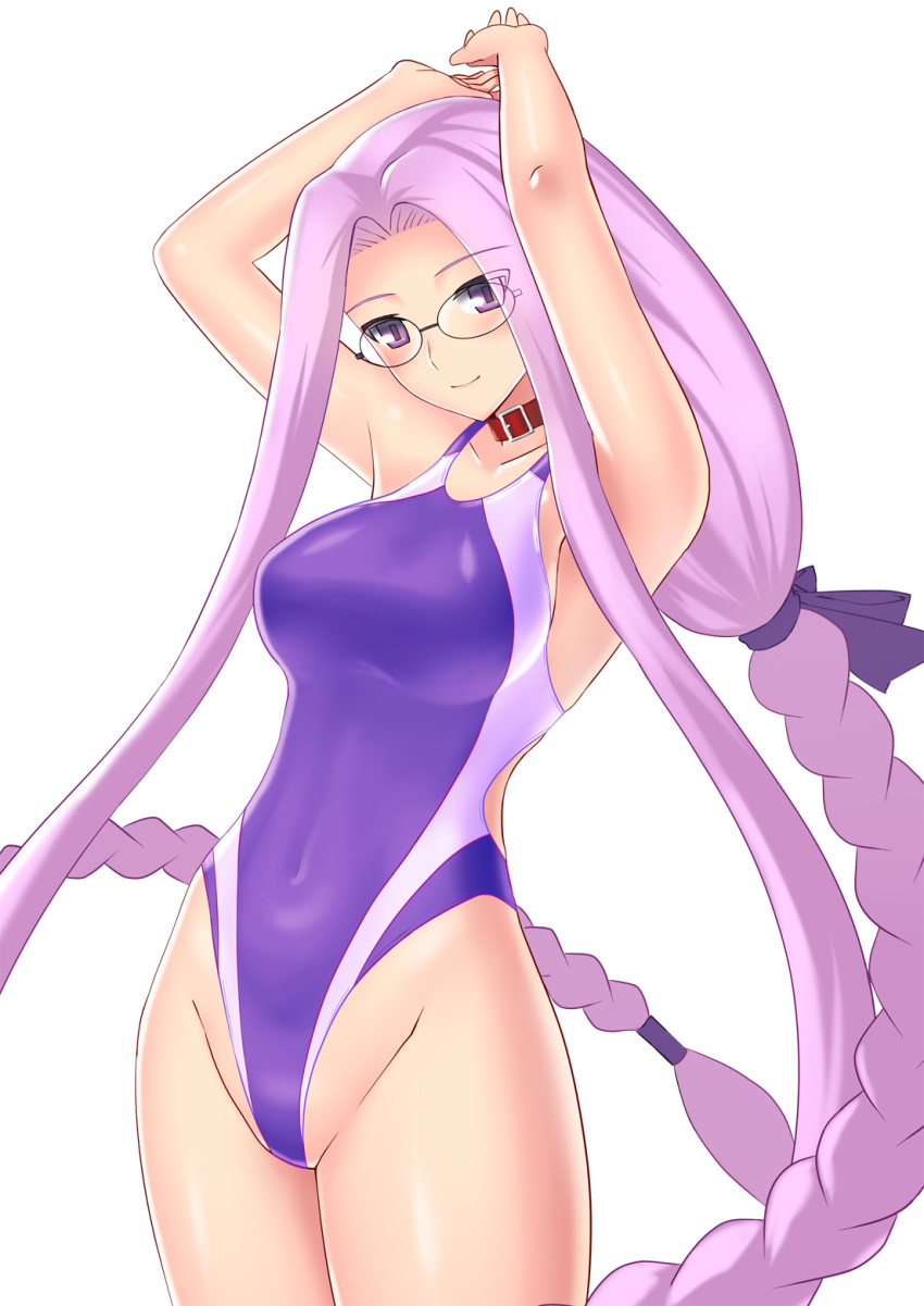 absurdly_long_hair breasts collar collarbone commentary competition_swimsuit cowboy_shot eyebrows_visible_through_hair eyes_visible_through_hair fate/stay_night fate_(series) glasses hands_above_head highleg highleg_swimsuit highres large_breasts long_braid long_hair looking_at_viewer one-piece_swimsuit purple_eyes purple_hair ribbon rider sidelocks smile solo square_pupils swimsuit very_long_hair yasumoto_(toka_0507)