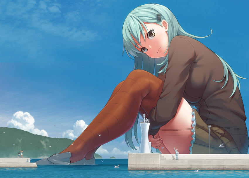 2girls admiral_(kantai_collection) aqua_hair arm_up bird breasts brown_eyes brown_skirt closed_mouth commentary_request day frilled_skirt frills giantess hair_ornament hairclip hat kantai_collection kuro_oolong large_breasts leg_hug lighthouse long_hair long_sleeves looking_at_viewer military military_uniform multiple_boys multiple_girls nail_polish naval_uniform ocean outdoors pier pleated_skirt seagull sitting size_difference skirt smile solo_focus suzuya_(kantai_collection) thighhighs uniform