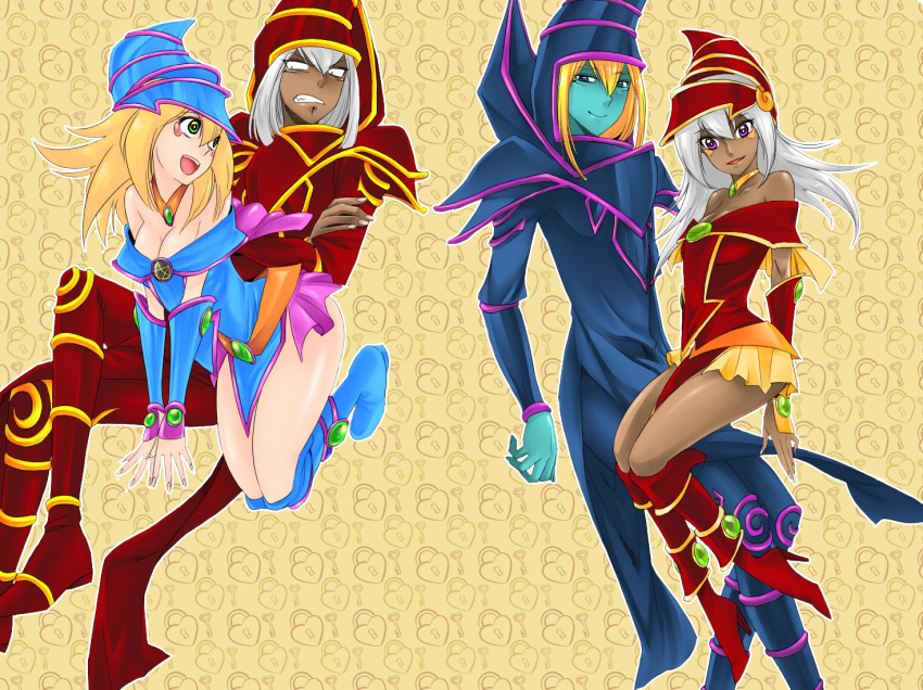 1girl alternate_color alternate_costume ass bare_shoulders blonde_hair blue_eyes blue_footwear blush_stickers bm_(natakus) boots breasts choker cleavage commentary_request dark_magician dark_magician_girl dark_skin dark_skinned_male duel_monster eye_contact gold_trim green_eyes hat large_breasts long_hair looking_at_another looking_at_viewer multiple_boys multiple_girls open_mouth pentacle skirt smile wizard_hat yuu-gi-ou yuu-gi-ou_duel_monsters