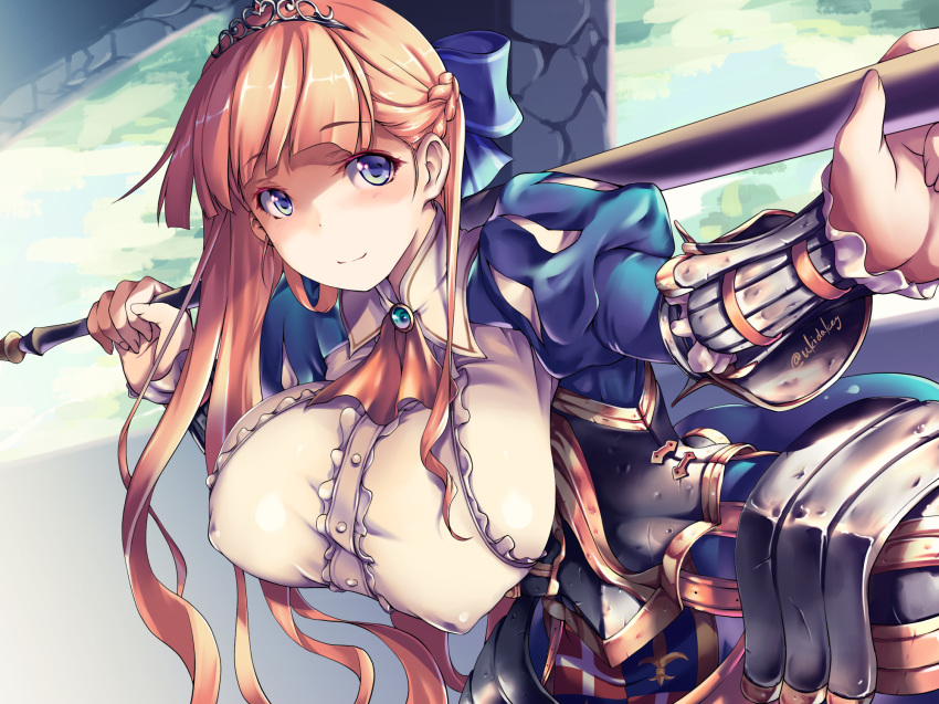 armor artist_name blonde_hair blue_eyes blue_ribbon blurry blurry_background bracer braid breasts bridge club commentary_request covered_nipples eyebrows_visible_through_hair hair_ribbon highres holding holding_weapon impossible_clothes kousaka_yami large_breasts leaning_forward long_hair mireille_(sennen_sensou_aigis) outdoors ribbon sennen_sensou_aigis smile solo standing tiara weapon