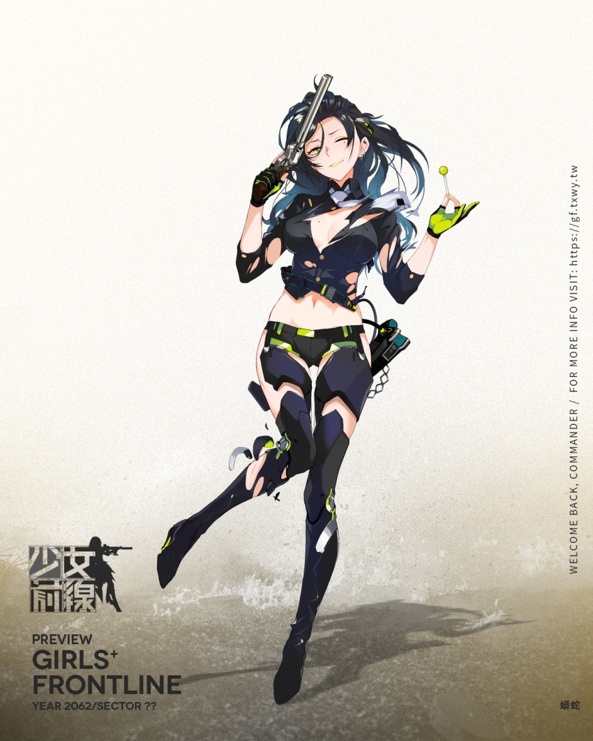 arm_strap badge bangs black_hair black_shirt black_shorts blue_hair boots breasts buttons candy chain character_name closed_mouth clothes_writing collared_shirt colt_python copyright_name earrings eyeshadow food full_body girls_frontline gloves gradient_hair green_eyes green_lipstick green_nails gun hair_between_eyes hair_ornament handgun high_heel_boots high_heels highres holding holding_food holding_gun holding_lollipop holding_weapon holster hoop_earrings injury jewelry large_breasts leg_armor lipstick logo lollipop long_hair looking_at_viewer makeup midriff mole mole_on_breast mole_under_eye multicolored multicolored_clothes multicolored_gloves multicolored_hair multiple_earrings nail_polish navel necktie no_bra official_art one_eye_closed partly_fingerless_gloves python_(girls_frontline) realmbw revolver shirt short_shorts shorts shoulder_pads side_slit side_slit_shorts sidelocks sleeves_folded_up smile solo stomach strap stud_earrings thigh_boots thighhighs torn_clothes trigger_discipline wavy_hair weapon white_neckwear
