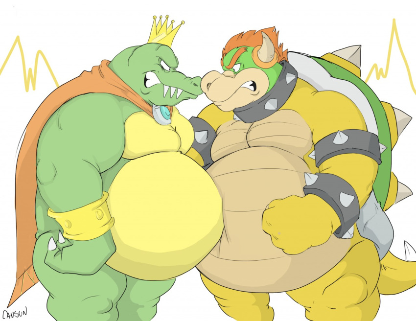 angry anthro bellies_touching belly big_belly bowser canson claws crocodilian crossover crown donkey_kong_(series) duo eye_contact hair horn king_k_rool koopa male mario_bros musclegut muscular muscular_male navel nintendo overweight overweight_male red_hair reptile scalie shell spikes video_games