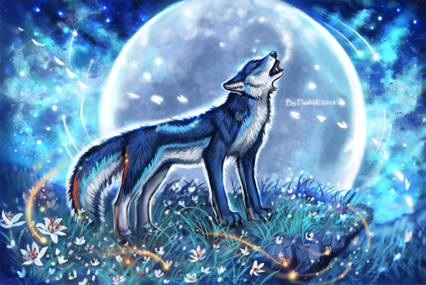 2018 ambiguous_gender black_lips blue_fur blue_nose blue_theme canine detailed_background digital_media_(artwork) feral flashw flower fur grass hi_res mammal moon moonlight night open_mouth plant solo standing teeth white_fur wolf