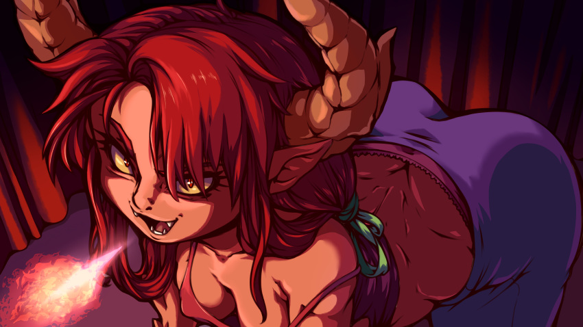 absurdres all_fours ass bangs breasts breathing_fire butt_crack cleavage collarbone covered_nipples demon_girl demon_horns fangs fire green_ribbon hair_ribbon hekapoo highres horns long_hair medium_breasts messy_hair no_bra off_shoulder panties pants pink_panties plague_of_gripes purple_tank_top red_hair red_pupils ribbon solo star_vs_the_forces_of_evil sweatpants tank_top underwear yellow_sclera