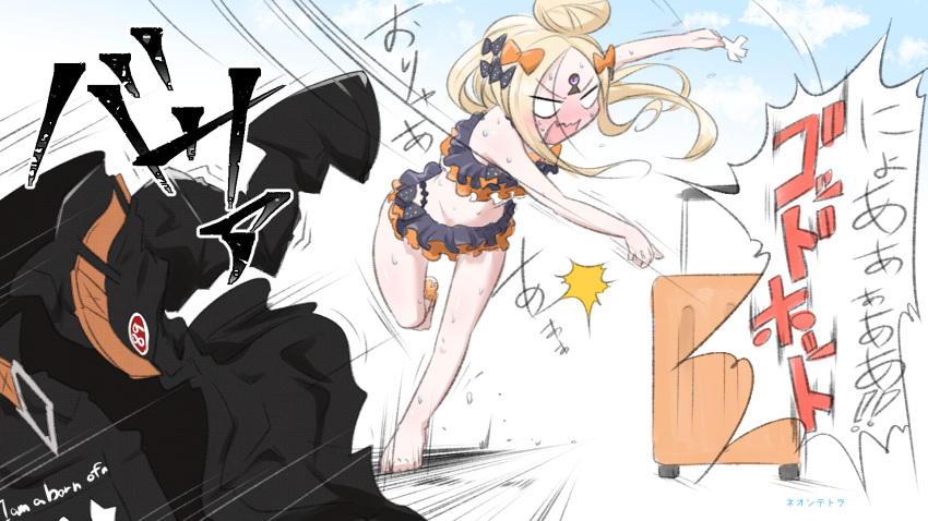 abigail_williams_(fate/grand_order) bangs bare_arms bare_legs bare_shoulders barefoot bikini black_bikini black_bow black_jacket blonde_hair blue_eyes blush bow commentary_request emerald_float fate/grand_order fate_(series) hair_bow hair_bun highres jacket long_hair long_sleeves neon-tetora nose_blush open_mouth orange_bow parted_bangs polka_dot polka_dot_bow rolling_suitcase solo standing standing_on_one_leg star sweat swimsuit throwing translation_request v-shaped_eyebrows