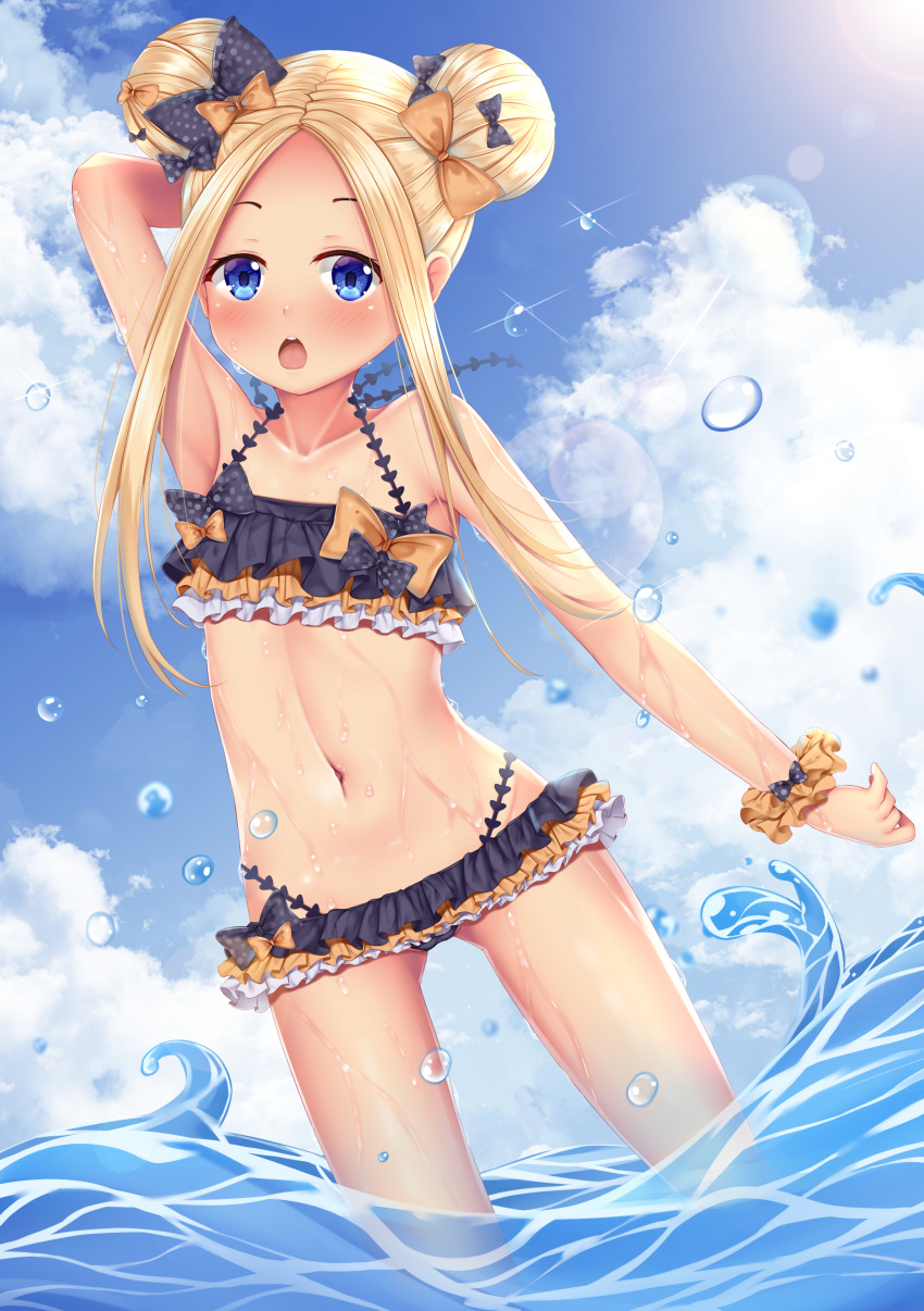 abigail_williams_(fate/grand_order) absurdres arm_behind_head arm_up ass_visible_through_thighs bangs bare_shoulders bikini black_bikini black_bow blonde_hair blue_sky blush bow cloud cloudy_sky collarbone come_hither commentary_request day double_bun dutch_angle emerald_float fate/grand_order fate_(series) forehead hair_bow highres long_hair navel open_mouth orange_bow orange_scrunchie outdoors parted_bangs polka_dot polka_dot_bow puririn round_teeth scrunchie side_bun sidelocks sky solo swimsuit teeth upper_teeth water waves wrist_scrunchie