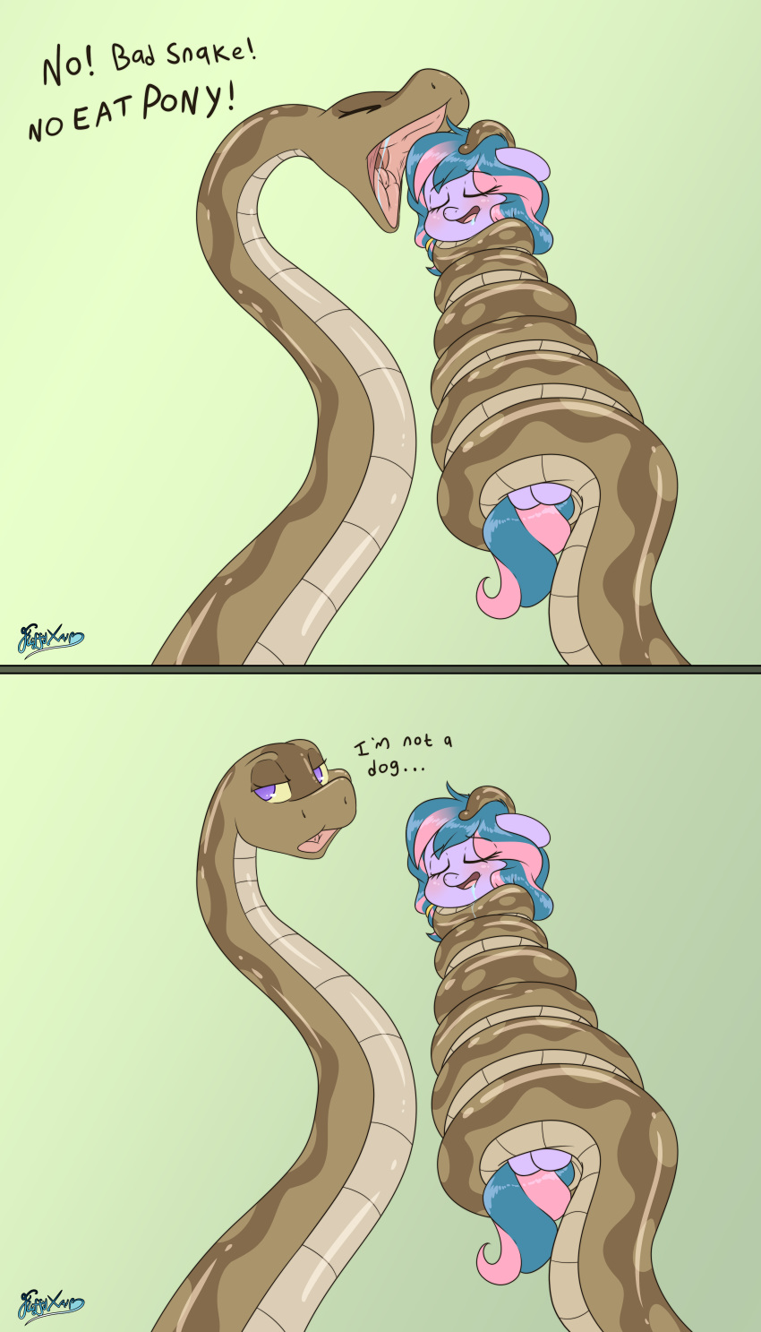 absurd_res coiling dialogue english_text equine eyes_closed female feral fluffyxai green_background hi_res horse imminent_vore mammal my_little_pony open_mouth pony reptile scalie simple_background snake text vore
