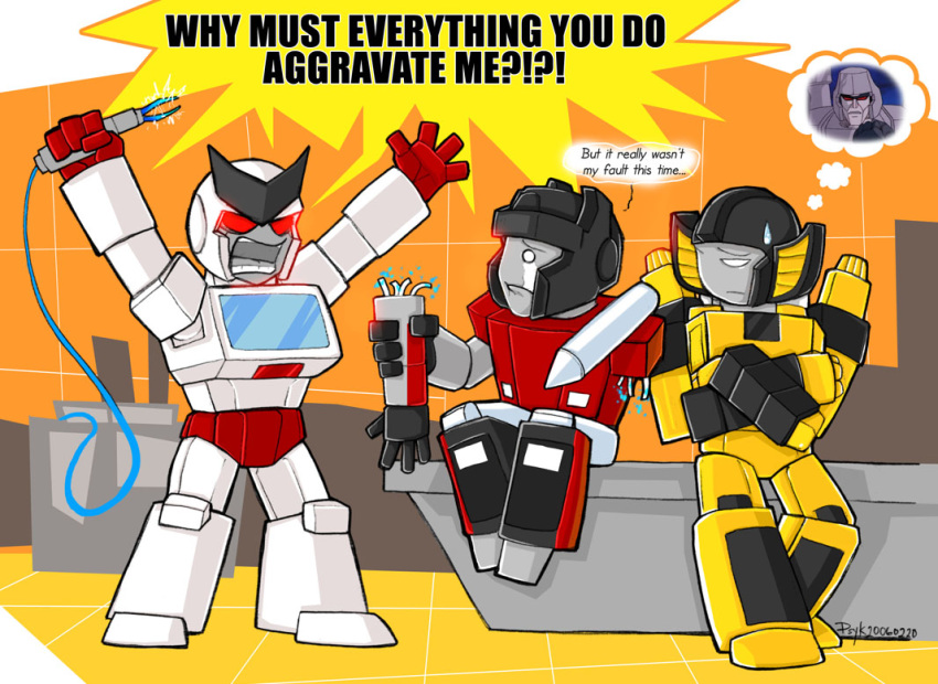 2006 alien annoyed autobot crying cybertronian dialogue digital_drawing_(artwork) digital_media_(artwork) dismembered_arm english_text frown hi_res humanoid living_machine machine male megatron not_furry open_mouth psychedelicmind ratchet_(transformer) red_eyes robot sibling sideswipe simple_background standing sunstreaker sweat tears teeth text transformers twins