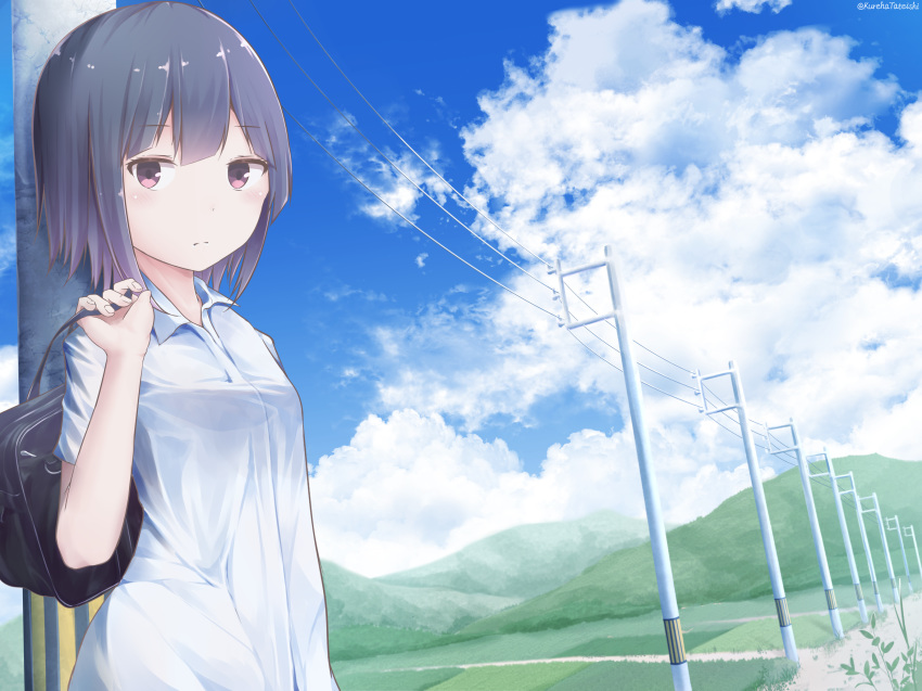 absurdres bag bangs blue_sky blush breasts brown_eyes brown_hair closed_mouth cloud cloudy_sky collared_shirt commentary_request day eyebrows_visible_through_hair fingernails hair_between_eyes hamayuu_(litore) hand_up highres looking_at_viewer mountain original outdoors power_lines school_bag shirt short_sleeves sky small_breasts solo summer telephone_pole twitter_username white_shirt