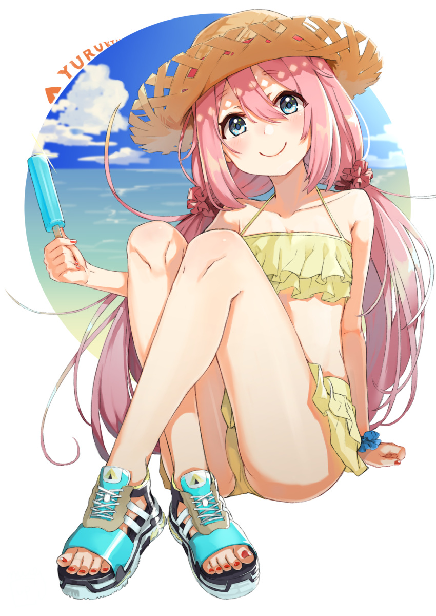 arm_support ass bangs bikini bikini_skirt blue_eyes blue_sky blush collarbone commentary copyright_name cross-laced_footwear crossed_legs day eyebrows_visible_through_hair fingernails food full_body hair_between_eyes hair_ornament hair_scrunchie hat hat_ribbon head_tilt highres holding holding_food kagamihara_nadeshiko knees_up long_hair looking_at_viewer low_twintails mugcup nail_polish ocean open_toe_shoes outdoors outside_border pink_hair popsicle red_nails ribbon scrunchie shoes sitting sky smile sneakers solo straw_hat swimsuit toenails toes twintails very_long_hair water wrist_scrunchie yellow_bikini yurucamp