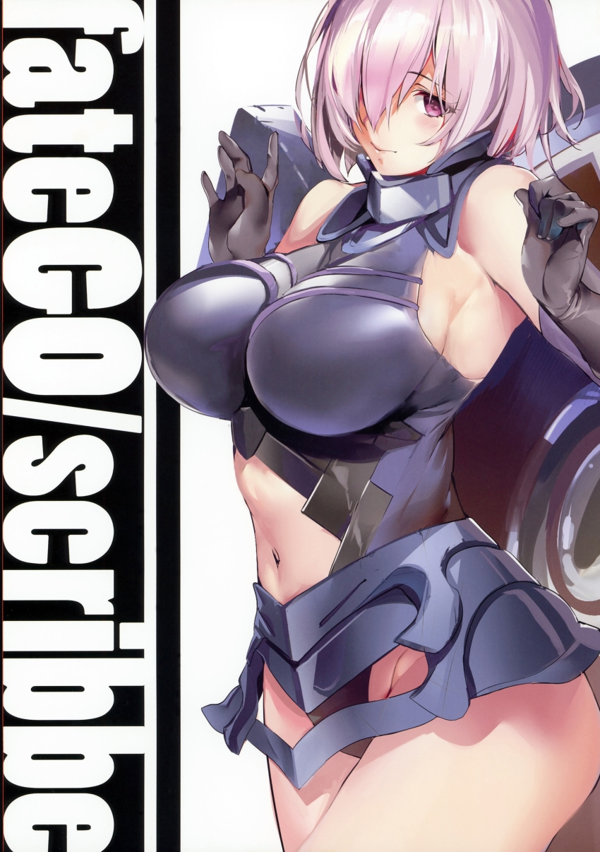 absurdres armor armored_collar armored_dress armpits bangs bare_shoulders blush breasts closed_mouth cover cover_page elbow_gloves eyebrows_visible_through_hair fate/grand_order fate_(series) gloves hair_over_eyes hair_over_one_eye highres large_breasts lips looking_at_viewer marushin_(denwa0214) mash_kyrielight navel_cutout pink_eyes pink_hair scan shield shiny shiny_hair short_hair sideboob simple_background solo thighs white_background