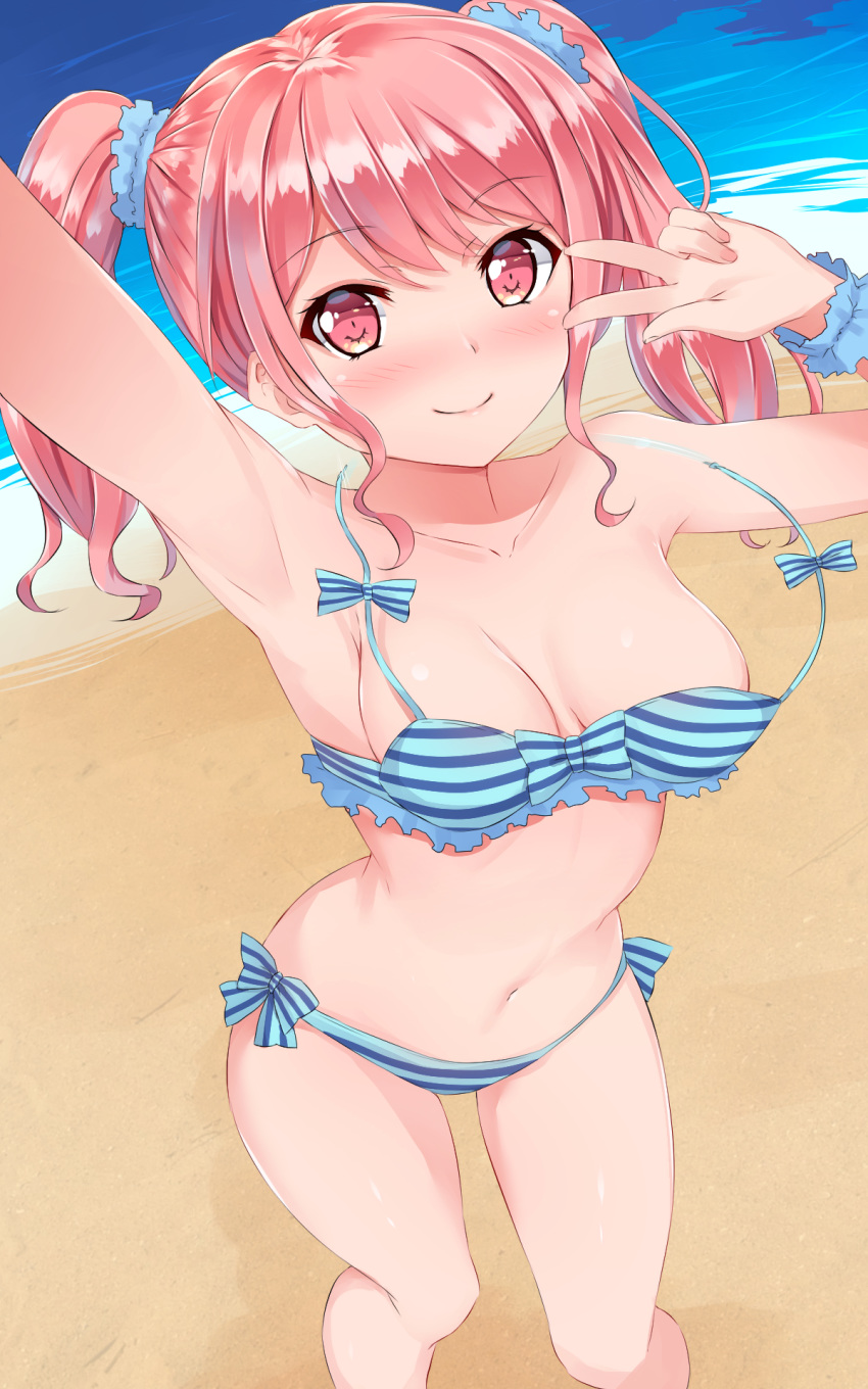 arm_up armpits bang_dream! bangs beach bikini blue_bikini blue_scrunchie blush breasts cleavage collarbone commentary day eyebrows_visible_through_hair hair_ornament hair_scrunchie halterneck highres looking_at_viewer maruyama_aya medium_breasts naitou_kirara navel outdoors reaching_out sand scrunchie self_shot side-tie_bikini sidelocks solo standing striped striped_bikini swimsuit twintails w wardrobe_malfunction wrist_scrunchie