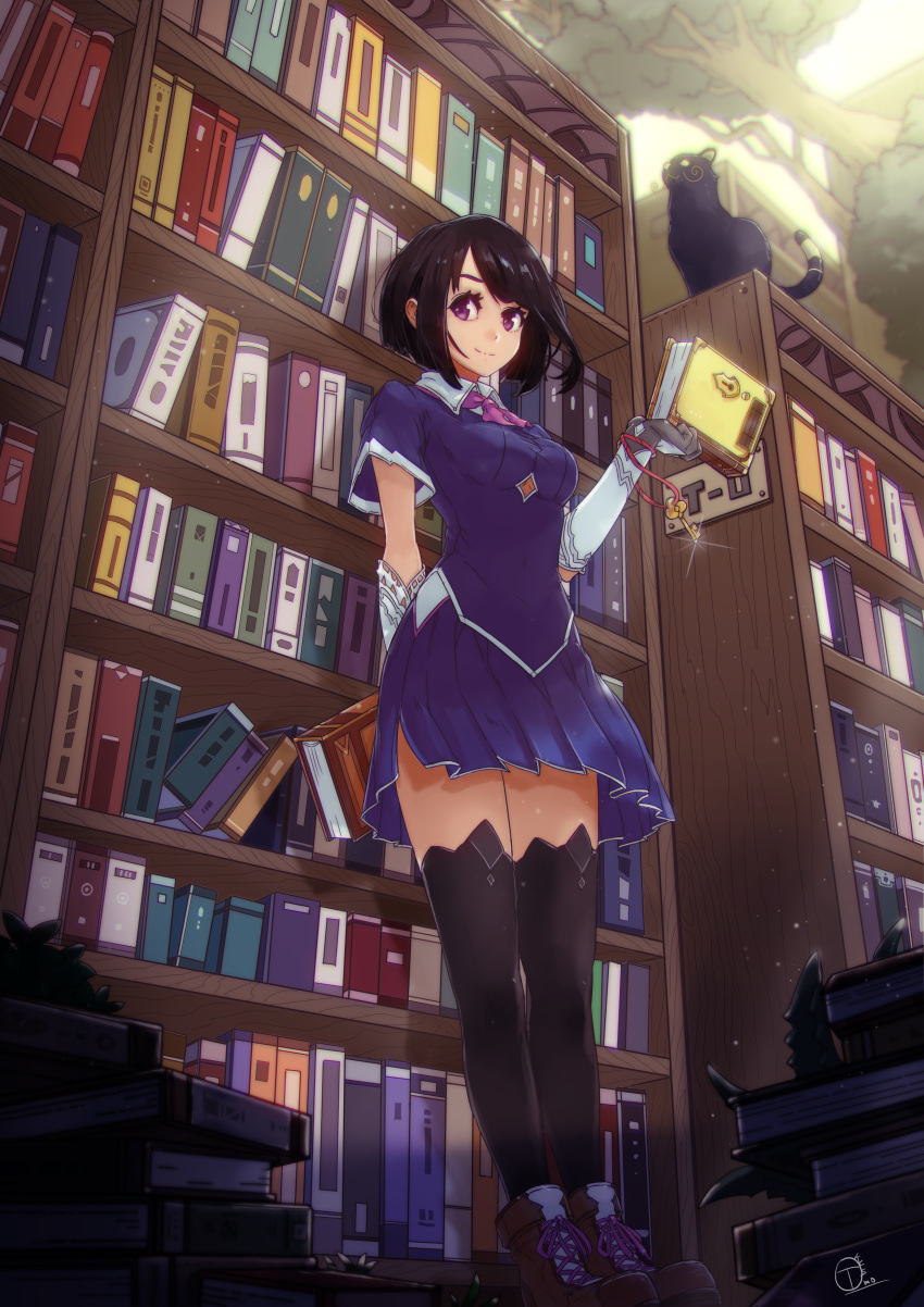absurdres black_cat black_hair black_legwear book book_stack bookshelf breasts cat gloves highres key leaning_back leaning_on_object library looking_at_viewer medium_breasts okuto original pleated_skirt red_eyes short_hair skirt smile solo thighhighs