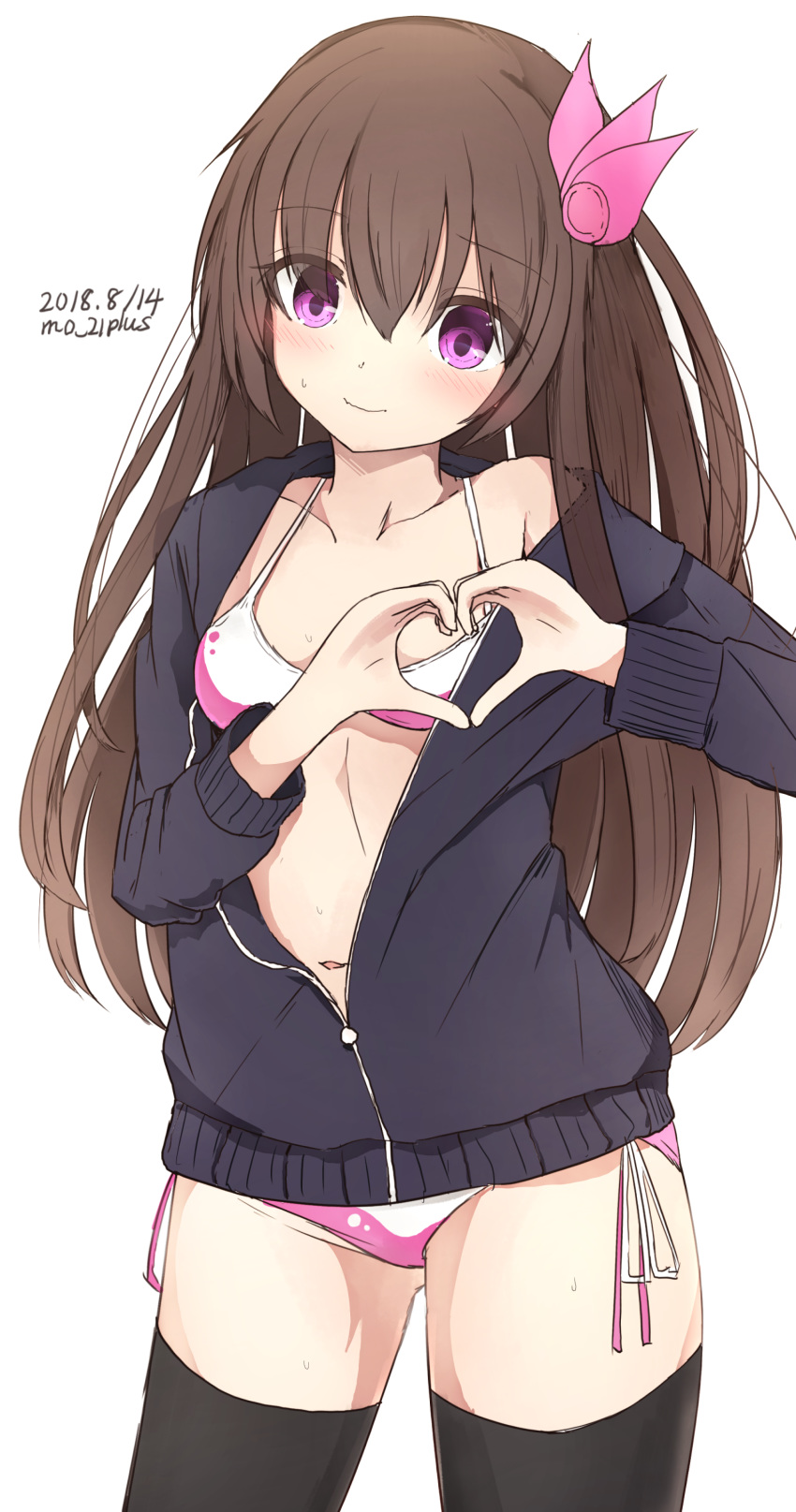 absurdres alternate_costume bikini bikini_under_clothes black_legwear blush breasts brown_hair collarbone dated embarrassed hair_ornament heart heart_hands highres jacket kantai_collection kisaragi_(kantai_collection) long_hair looking_at_viewer munehiro_(21plus) pink_bikini purple_eyes remodel_(kantai_collection) ribbon side-tie_bikini simple_background small_breasts solo swimsuit thighhighs twitter_username wavy_mouth white_background