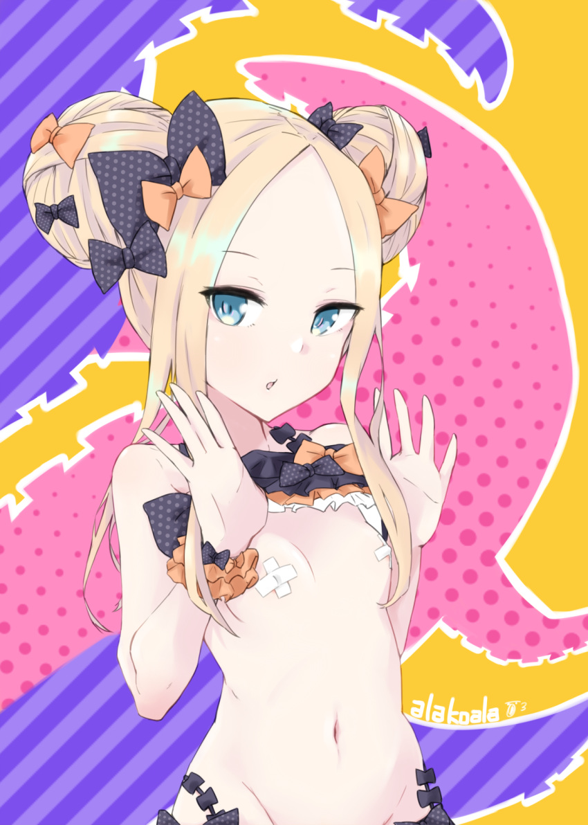 abigail_williams_(fate/grand_order) alakoala_shoushou artist_name bangs bikini bikini_lift black_bikini black_bow blonde_hair blue_eyes bow breasts commentary_request covered_nipples double_bun emerald_float eyebrows_visible_through_hair fate/grand_order fate_(series) forehead groin hair_bow halftone hands_up highres lifted_by_self long_hair navel orange_bow parted_bangs parted_lips pasties polka_dot polka_dot_bow side_bun sidelocks small_breasts solo suction_cups swimsuit tentacles