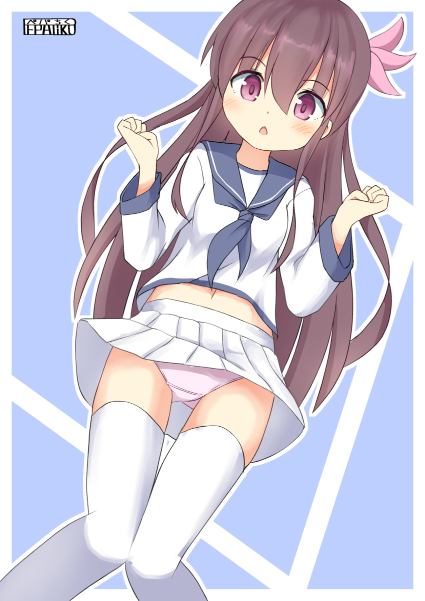 1girl alternate_costume artist_name ass_visible_through_thighs blouse blue_background blue_sailor_collar blush breasts brown_hair chestnut_mouth commentary_request crotch_seam eyebrows_visible_through_hair hair_ornament highres kantai_collection kisaragi_(kantai_collection) long_hair long_sleeves looking_at_viewer navel neckerchief open_mouth panties pepatiku pink_panties pleated_skirt purple_eyes ribbon sailor_collar school_uniform serafuku skirt small_breasts solo thighhighs thighs underwear white_blouse white_legwear white_skirt