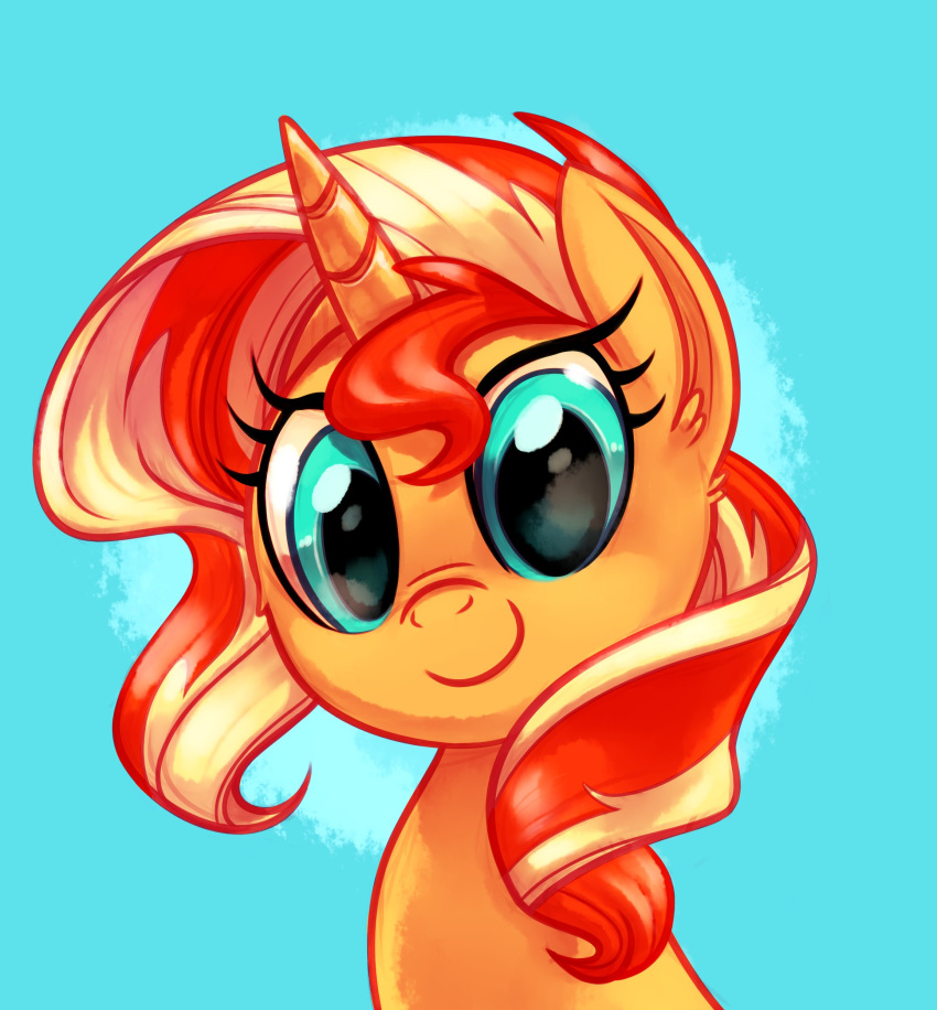 2018 blonde_hair blue_background bust_portrait cute equestria_girls equine eyelashes female feral hair hi_res horn looking_at_viewer mammal multicolored_hair my_little_pony portrait red_hair simple_background smile solo sunset_shimmer_(eg) teal_eyes two_tone_hair unicorn whitediamonds