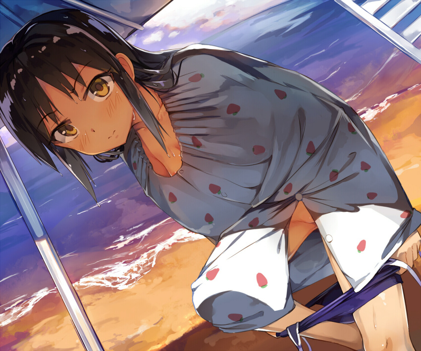 3: areola_slip areolae backlighting bangs beach blue_sky blue_swimsuit blush breasts brown_eyes brown_hair closed_mouth cloud cloudy_sky commentary_request day dutch_angle embarrassed eyebrows_visible_through_hair food_print furrowed_eyebrows groin highres horizon idolmaster idolmaster_cinderella_girls long_hair looking_at_viewer ocean outdoors parted_bangs partially_visible_vulva sand seneto shade sky small_breasts solo standing standing_on_one_leg strawberry_print swimsuit swimsuit_pull tachibana_arisu towel under_umbrella undressing water waves wet wet_hair wrap_towel