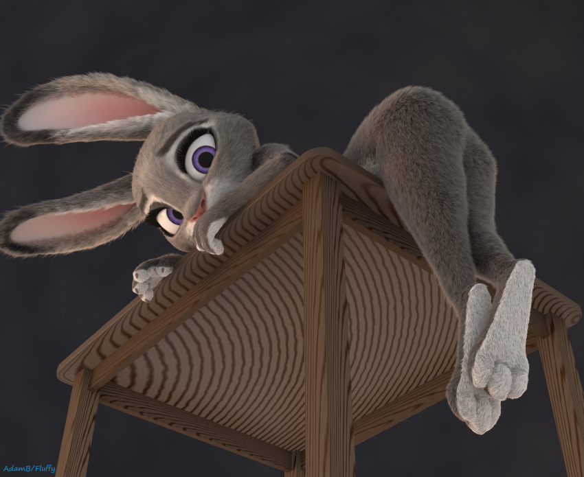 3_toes 3d_(artwork) 4_fingers adamb/fluffy anthro butt claws digital_media_(artwork) disney female foot_focus fur grey_fur hi_res judy_hopps lagomorph long_ears looking_at_viewer low-angle_view lying mammal multicolored_fur nude purple_eyes rabbit short_stack simple_background soles solo table toes white_fur zootopia