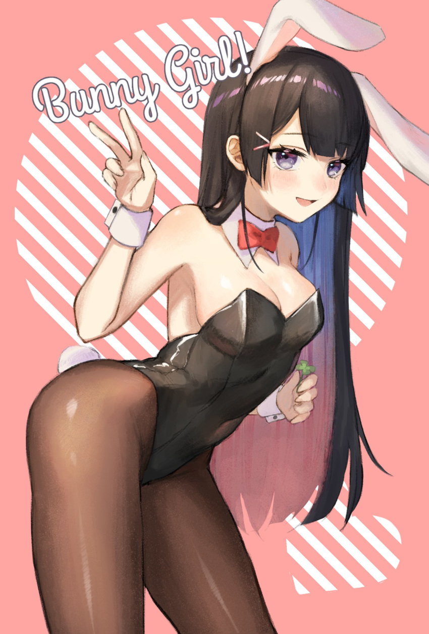 animal_ears black_eyes black_hair black_leotard bow bowtie breasts brown_legwear bunny_ears bunny_tail bunnysuit cleavage commentary_request cowboy_shot detached_collar eyebrows_visible_through_hair hair_ornament hairclip highres leaning_forward leotard long_hair looking_at_viewer medium_breasts nijisanji pantyhose pink_background red_neckwear solo strapless strapless_leotard tail tsukino_mito usuke_(u_skeeep) v virtual_youtuber wrist_cuffs