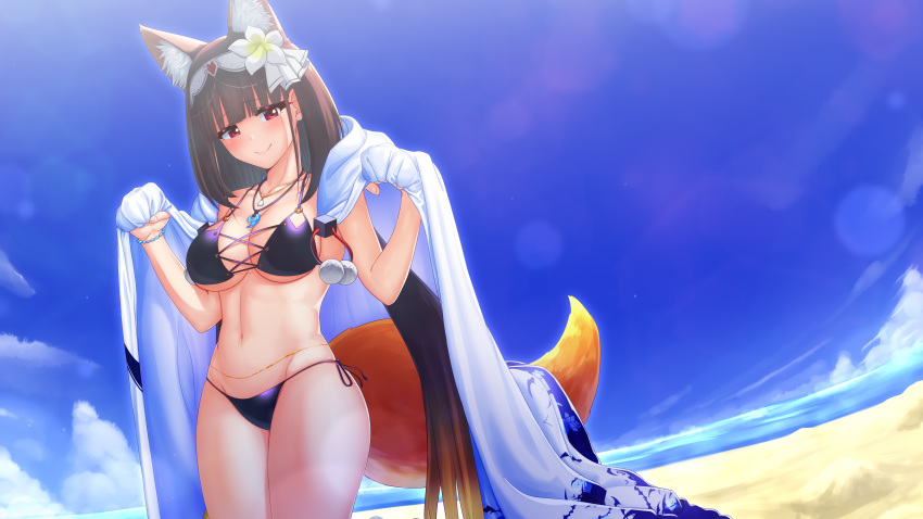 absurdres animal_ear_fluff animal_ears beach bikini black_hair breasts cleavage collarbone day fate/grand_order fate_(series) flower fox_ears fox_tail groin hair_flower hair_ornament highres huge_filesize jewelry lady_foxy large_breasts light_smile long_hair looking_at_viewer magatama_necklace mkon multicolored_hair navel osakabe-hime_(fate/grand_order) outdoors purple_eyes side-tie_bikini solo swimsuit tail twintails very_long_hair