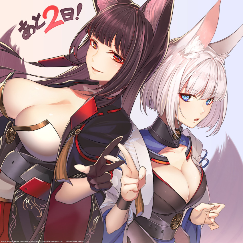 akagi_(azur_lane) akaitera animal_ear_fluff animal_ears azur_lane bangs banned_artist black_hair blue_eyes blue_skirt blush breasts cleavage collarbone commentary_request countdown eyebrows_visible_through_hair eyeshadow fox_ears fox_tail gloves hair_ornament highres japanese_clothes kaga_(azur_lane) large_breasts long_hair looking_at_viewer makeup mask multiple_girls multiple_tails open_mouth parted_lips partly_fingerless_gloves red_eyes red_skirt rigging short_hair sidelocks simple_background skirt smile tail tassel tsurime v w white_hair wide_sleeves