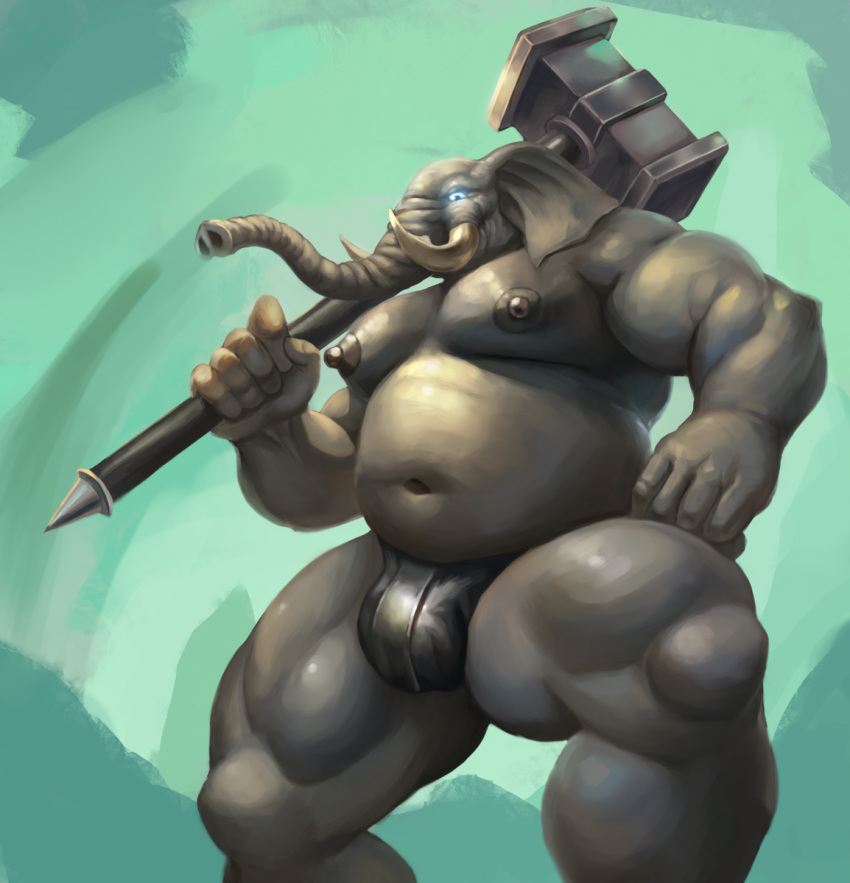 anthro areola belly better_version_at_source biceps big_muscles bulge clothed clothing digital_media_(artwork) elephant esonver grey_skin hammer hi_res loincloth looking_at_viewer male mammal musclegut muscular muscular_male navel nipples overweight overweight_male pecs pose quads shaded simple_background skimpy solo standing tools topless trunk tusks