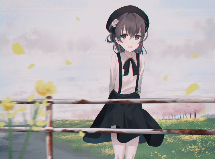 :d bangs beret black_hat black_ribbon black_skirt blush brown_eyes brown_hair chihuri cloud cloudy_sky collared_shirt commentary eyebrows_visible_through_hair fang field flower flower_field hair_between_eyes hair_flower hair_ornament hat hatoba_tsugu hatoba_tsugu_(character) highres long_sleeves looking_at_viewer mole mole_under_eye mole_under_mouth open_mouth outdoors overcast pantyhose petals pink_flower railing ribbon rose shirt skirt sky smile solo standing suspender_skirt suspenders tree virtual_youtuber white_flower white_legwear white_rose white_shirt yellow_flower