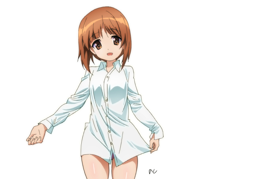 artist_name bangs brown_eyes brown_hair commentary cowboy_shot cwind dress_shirt eyebrows_visible_through_hair girls_und_panzer long_sleeves looking_at_viewer nishizumi_miho no_pants open_mouth panties purple_panties shirt short_hair signature simple_background skirt_hold smile solo standing underwear white_background white_shirt